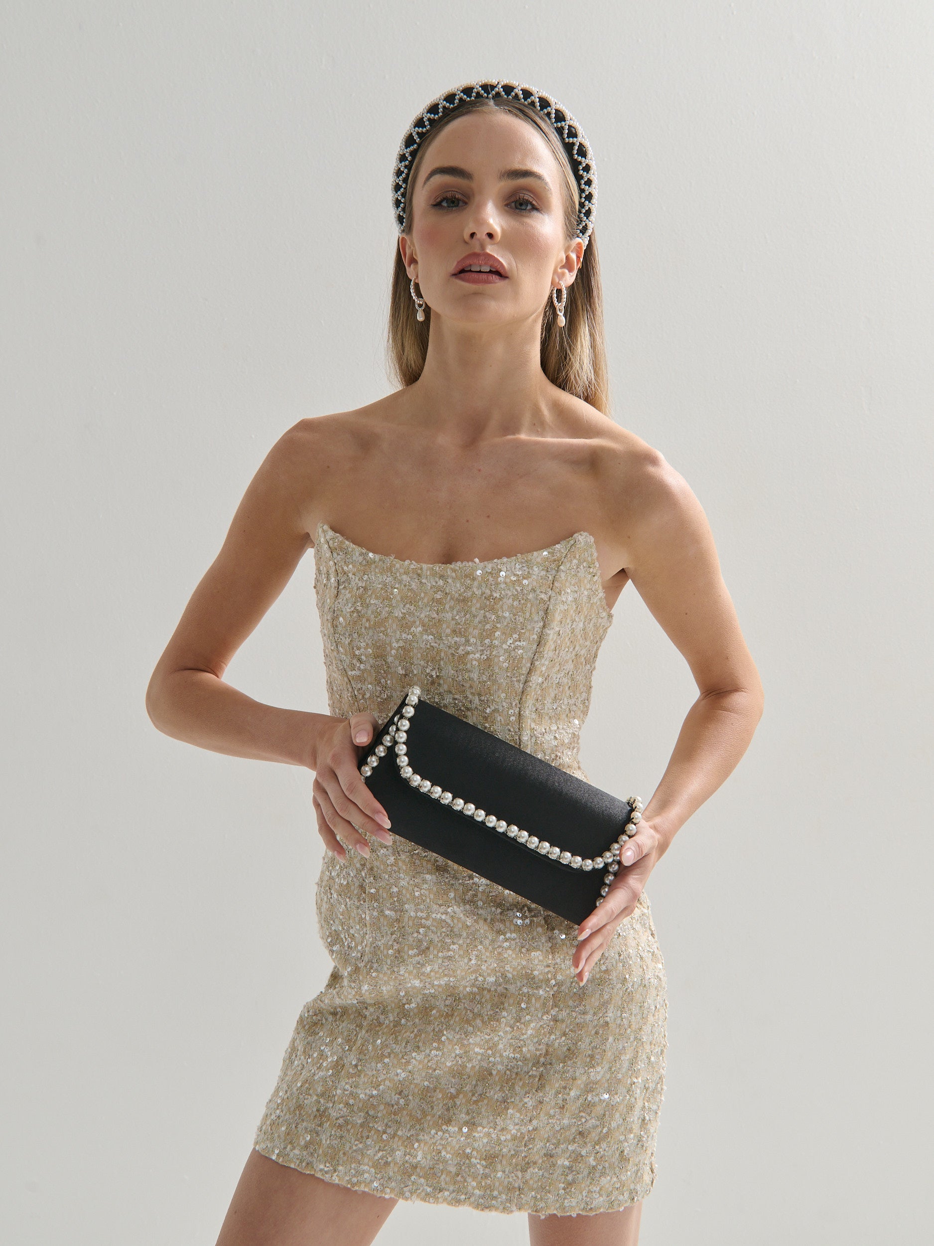 Yvette Pearl Trim Clutch Bag in Black