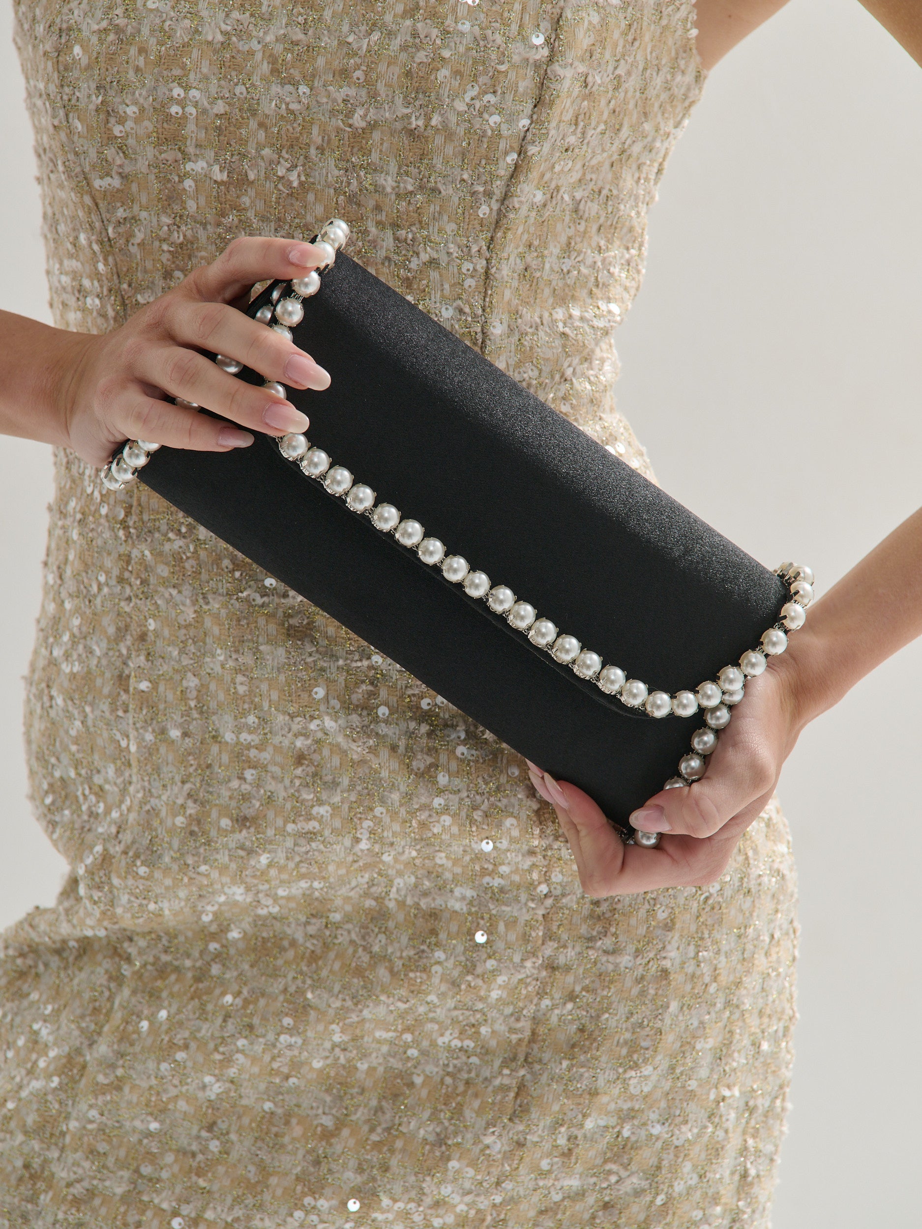 Yvette Pearl Trim Clutch Bag in Black