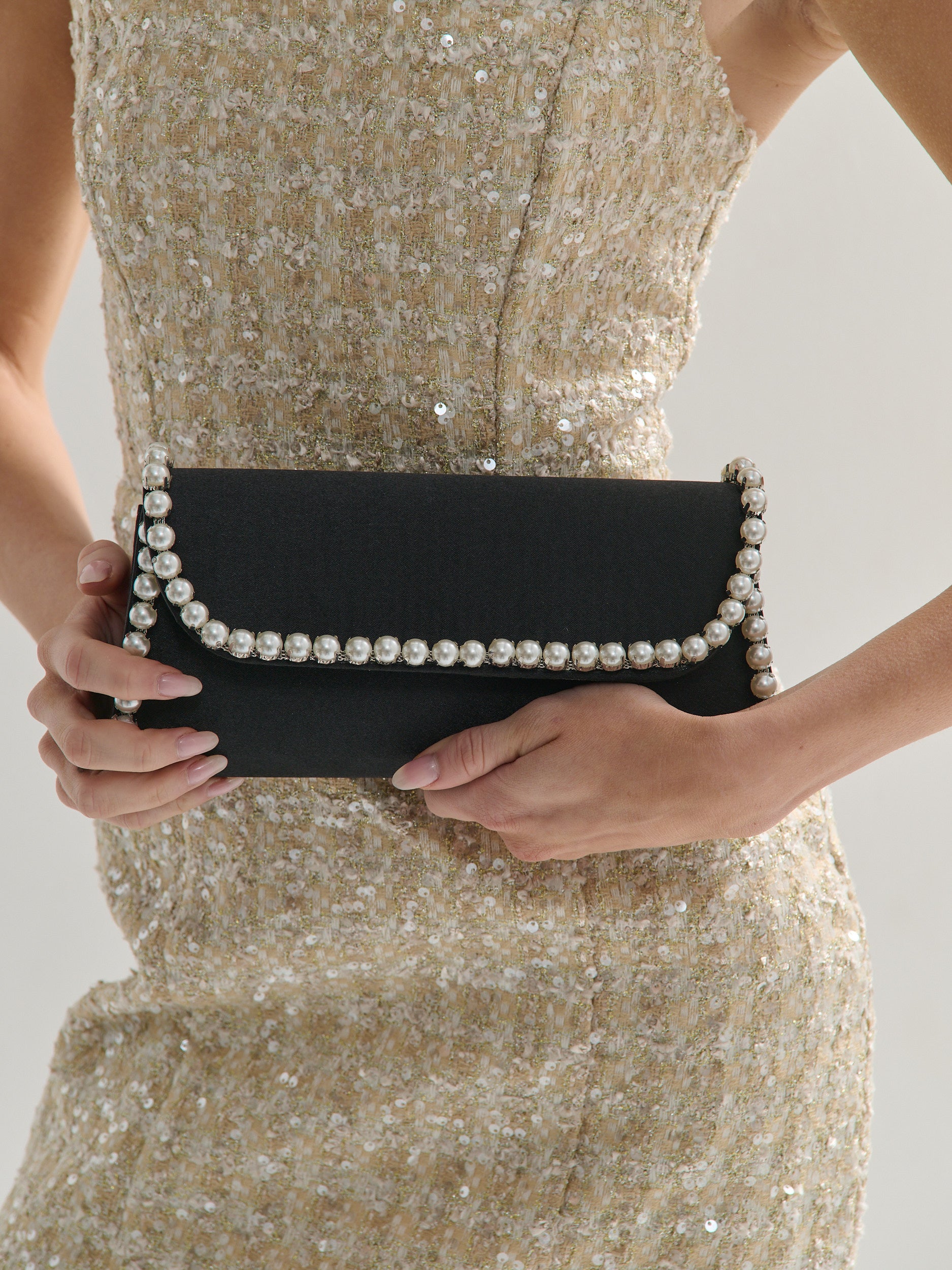 Yvette Pearl Trim Clutch Bag in Black