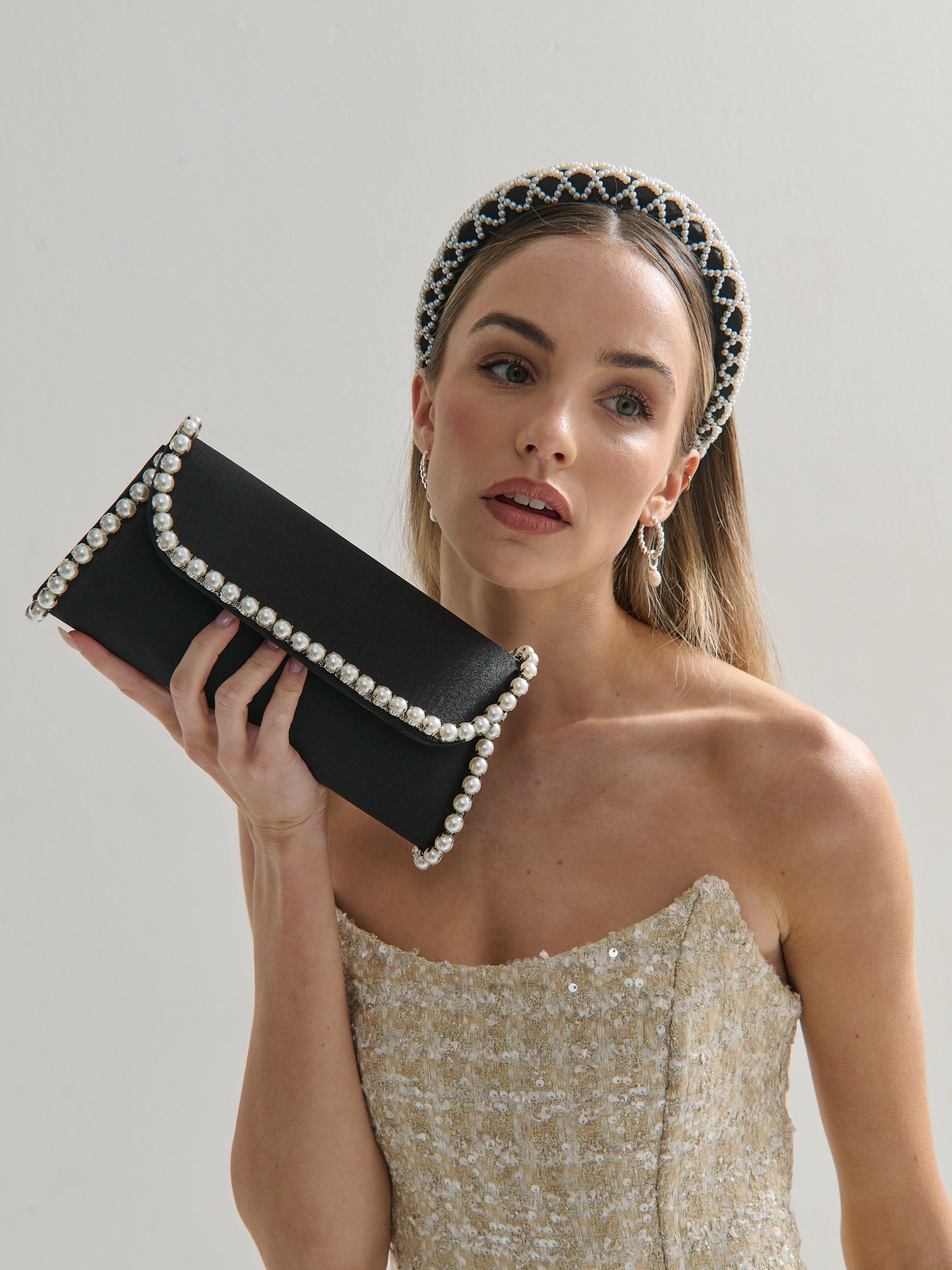 Yvette Pearl Trim Clutch Bag in Black