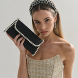 Yvette Pearl Trim Clutch Bag in Black