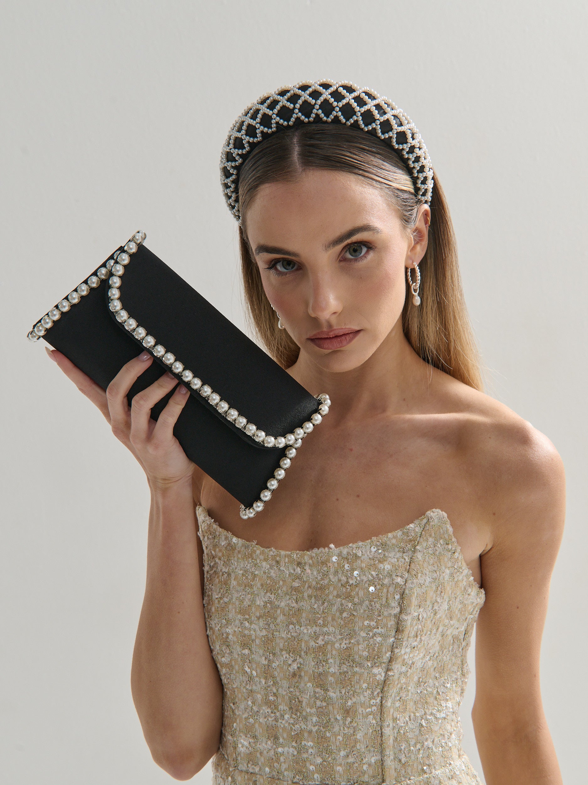Yvette Pearl Trim Clutch Bag in Black