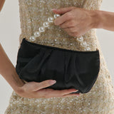 Victoria Satin Pearl Strap Bag in Black