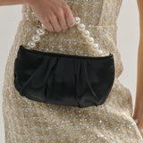 Victoria Satin Pearl Strap Bag in Black