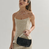 Victoria Satin Pearl Strap Bag in Black