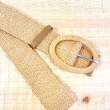 Woven Oval Buckle Straw Belt in Tan