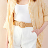 Woven Oval Buckle Straw Belt in Tan