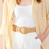 Woven Oval Buckle Straw Belt in Tan