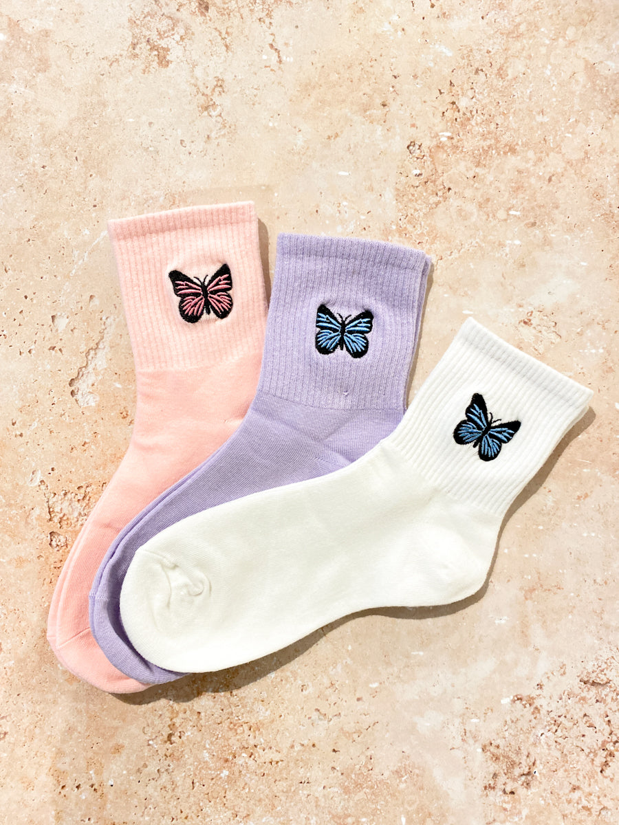 Embroidered Butterfly Crew Socks