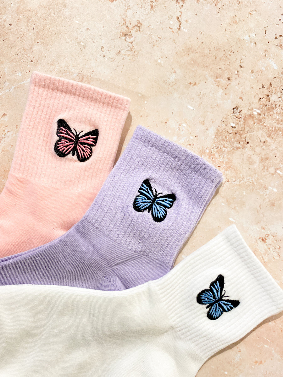 Embroidered Butterfly Crew Socks