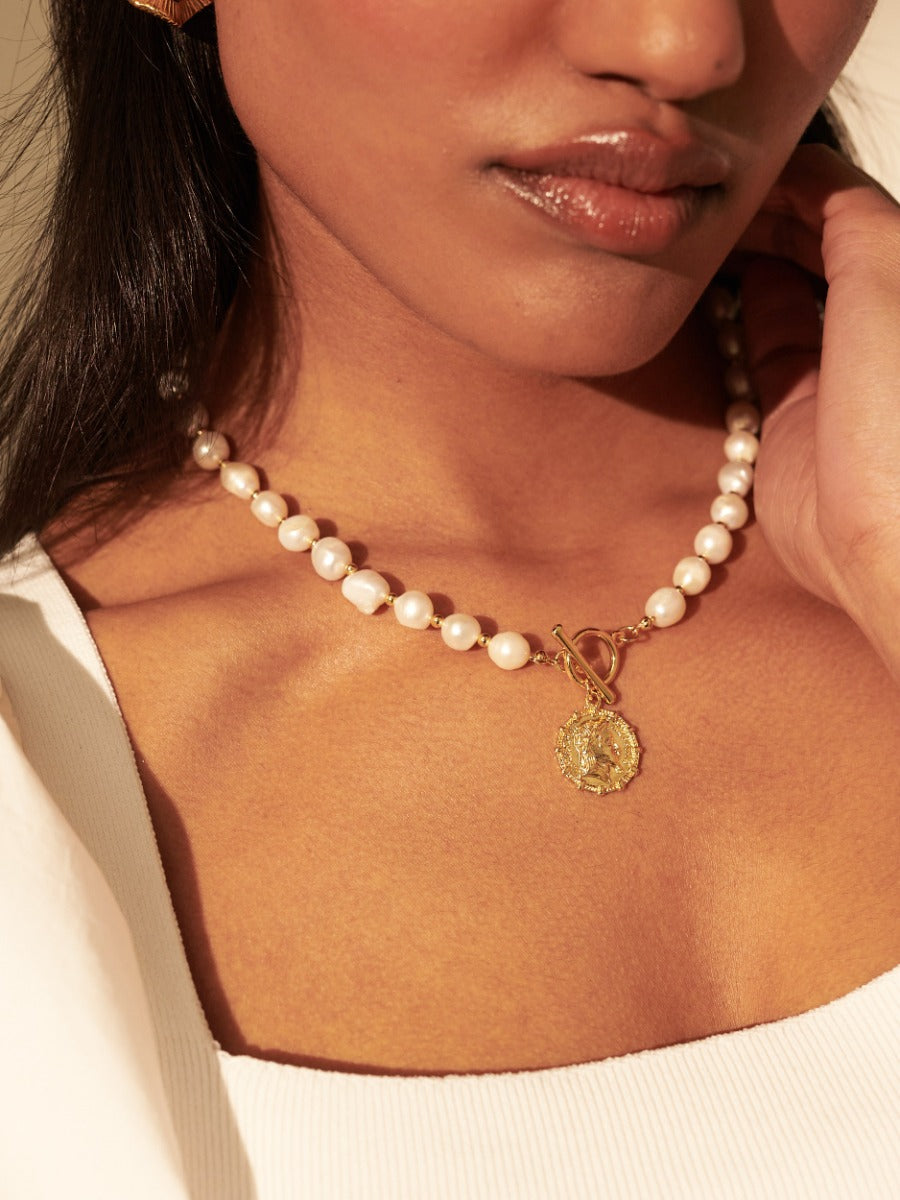 Pearl T-Bar Gold Plated Necklace