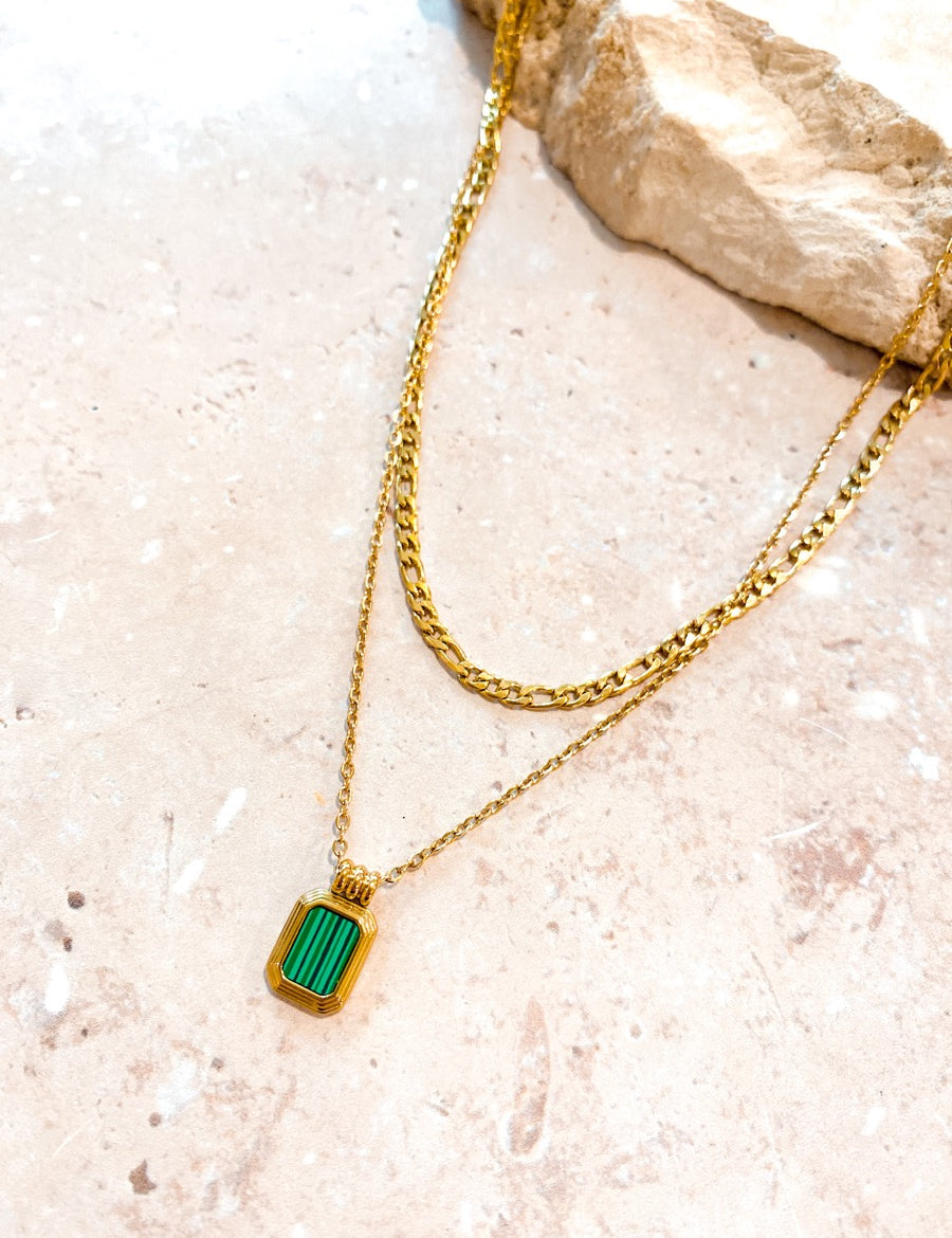 Stone Charm Layered 18K Gold Plated Necklace