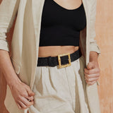Piper Bamboo Buckle Straw Belt in Black