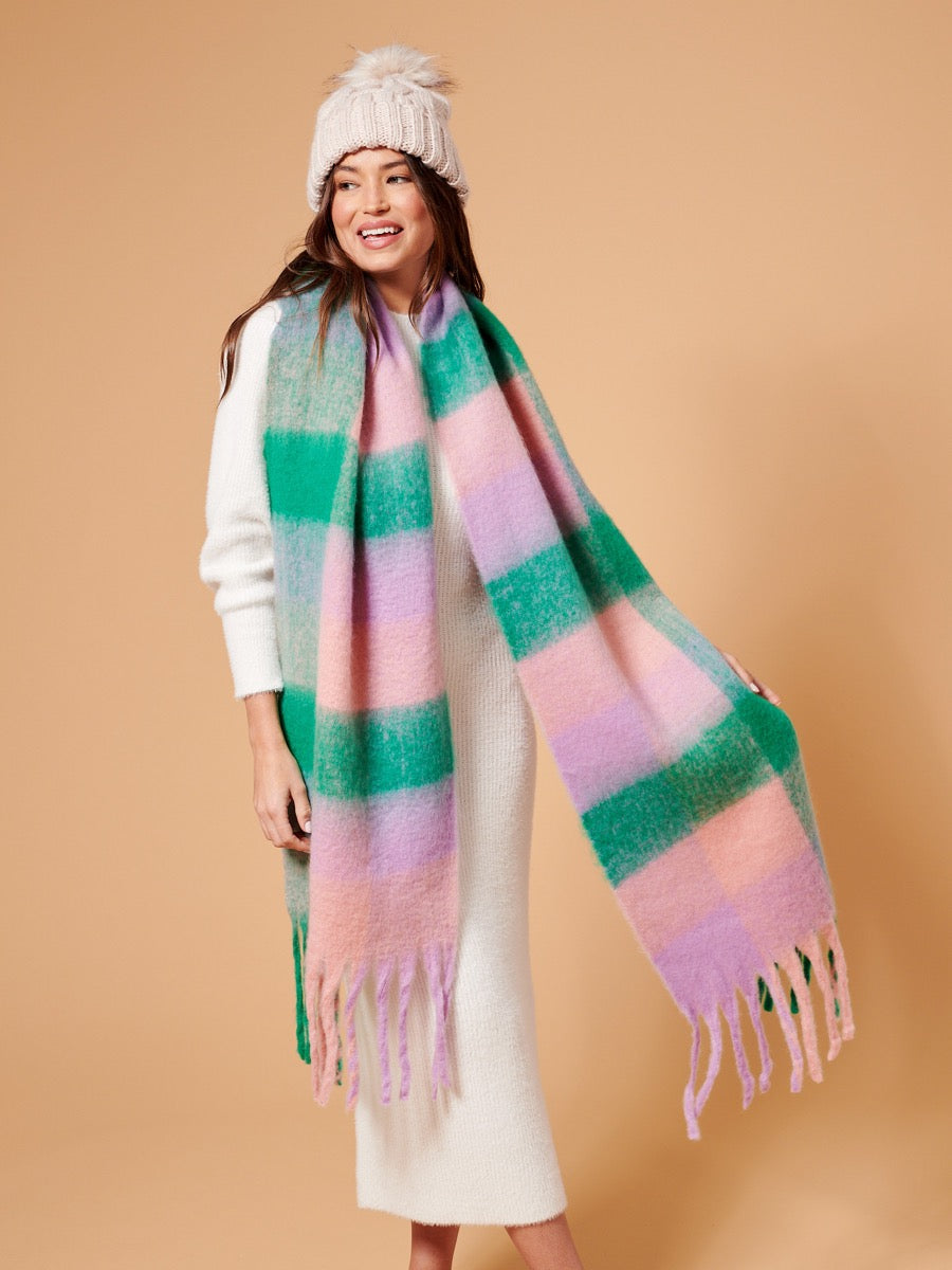 Pink & Green Checkered Fluffy Scarf