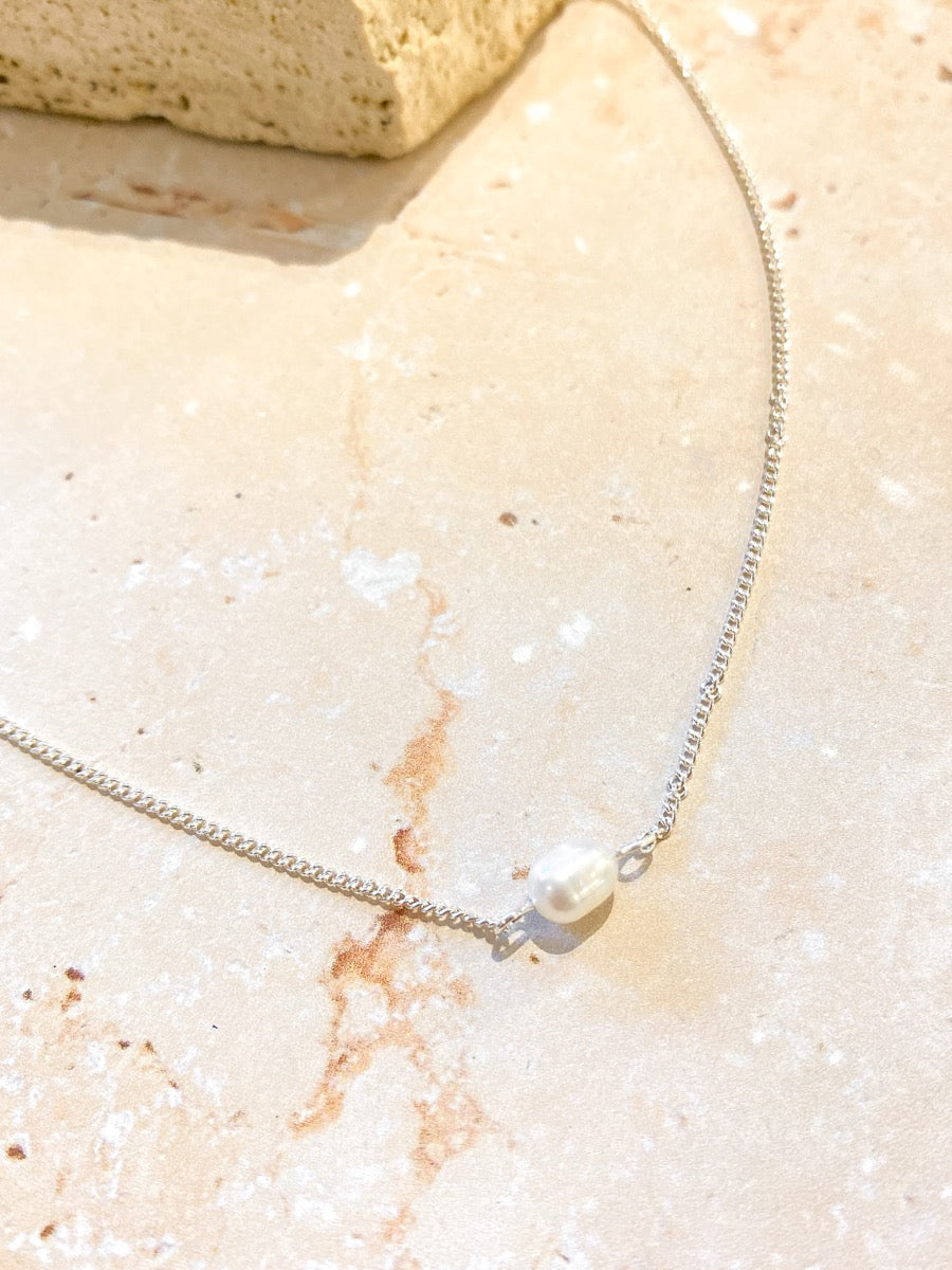 Single Pearl Sterling Silver Necklace